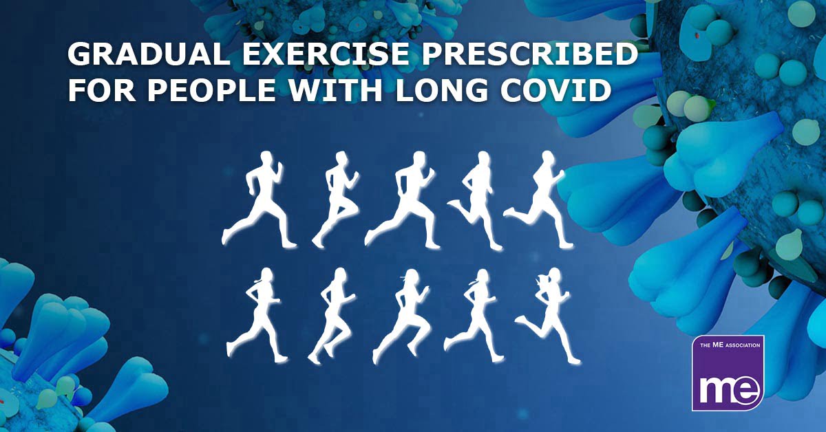 IMAGE DESCRIPTION: An image of blue Covid virus with a graphic of white people exercising. With the wording: "Gradual exercise prescribed for people with Long Covid" and the ME Association logo (bottom right).
